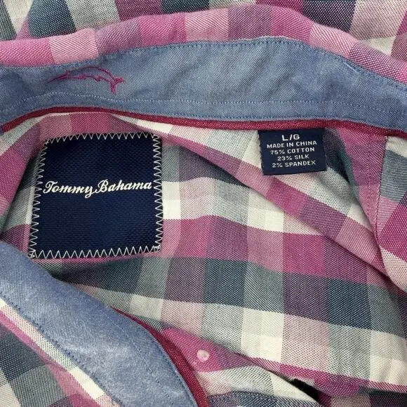 Tommy Bahama Stretch Long Sleeve Button Up Shirt Mens Large Fuchsia Blue Plaid - Picture 8 of 8